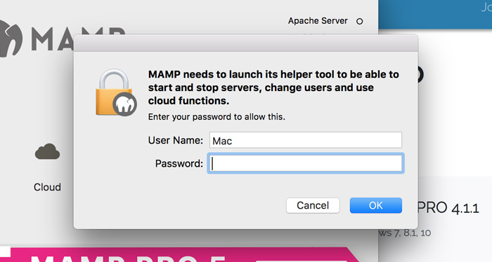 Botón Iniciar servidores dentro de la ventana de la aplicación MAMP