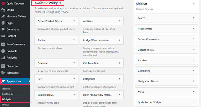 Ubicación de widgets en su administrador de WordPress