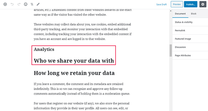 Página de política de privacidad Análisis de datos personales