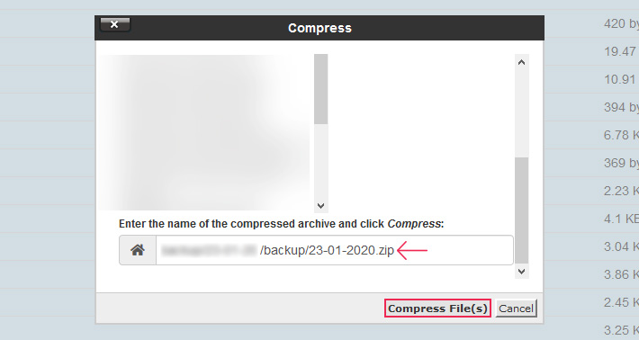 Seleccione la opción de archivo zip para comprimir archivos