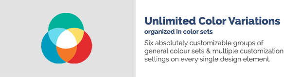 Variaciones de color ilimitadas organizadas en conjuntos de colores. Seis grupos absolutamente personalizables de conjuntos de colores generales. Múltiples configuraciones de personalización en cada elemento de diseño.