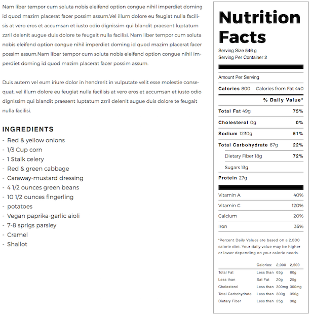 Calculadora de información nutricional del tema Madang WordPress