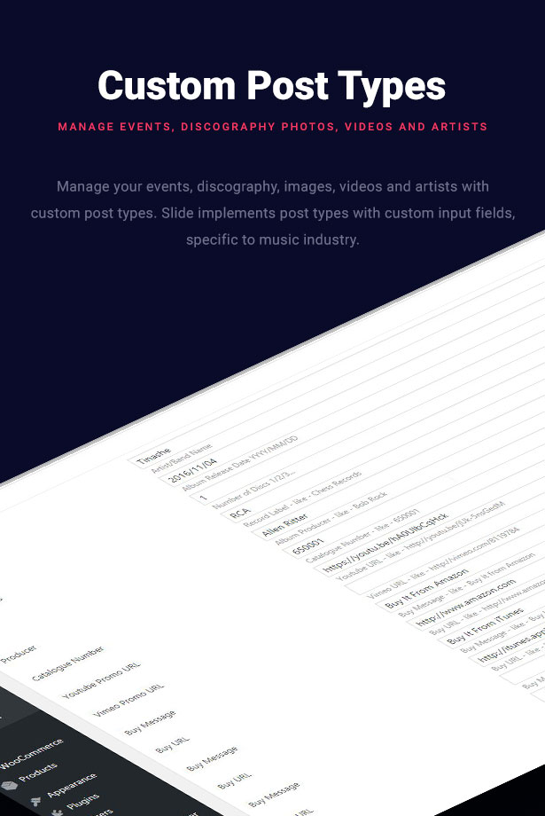 Slide Music Tema de WordPress Tipos de publicaciones personalizadas