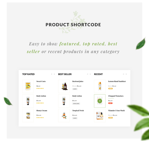 Tema de WordPress para tienda orgánica - Códigos cortos de productos