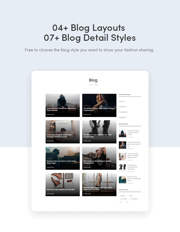 Más de 04 diseños de blog y más de 07 estilos de detalles de blog - Zoli - Tema de WordPress WooCommerce de moda minimalista y moderna