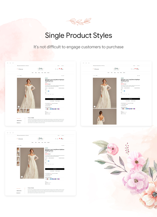 Bridey - Tienda de novias WooCommerce Tema de WordPress - Estilos de productos individuales